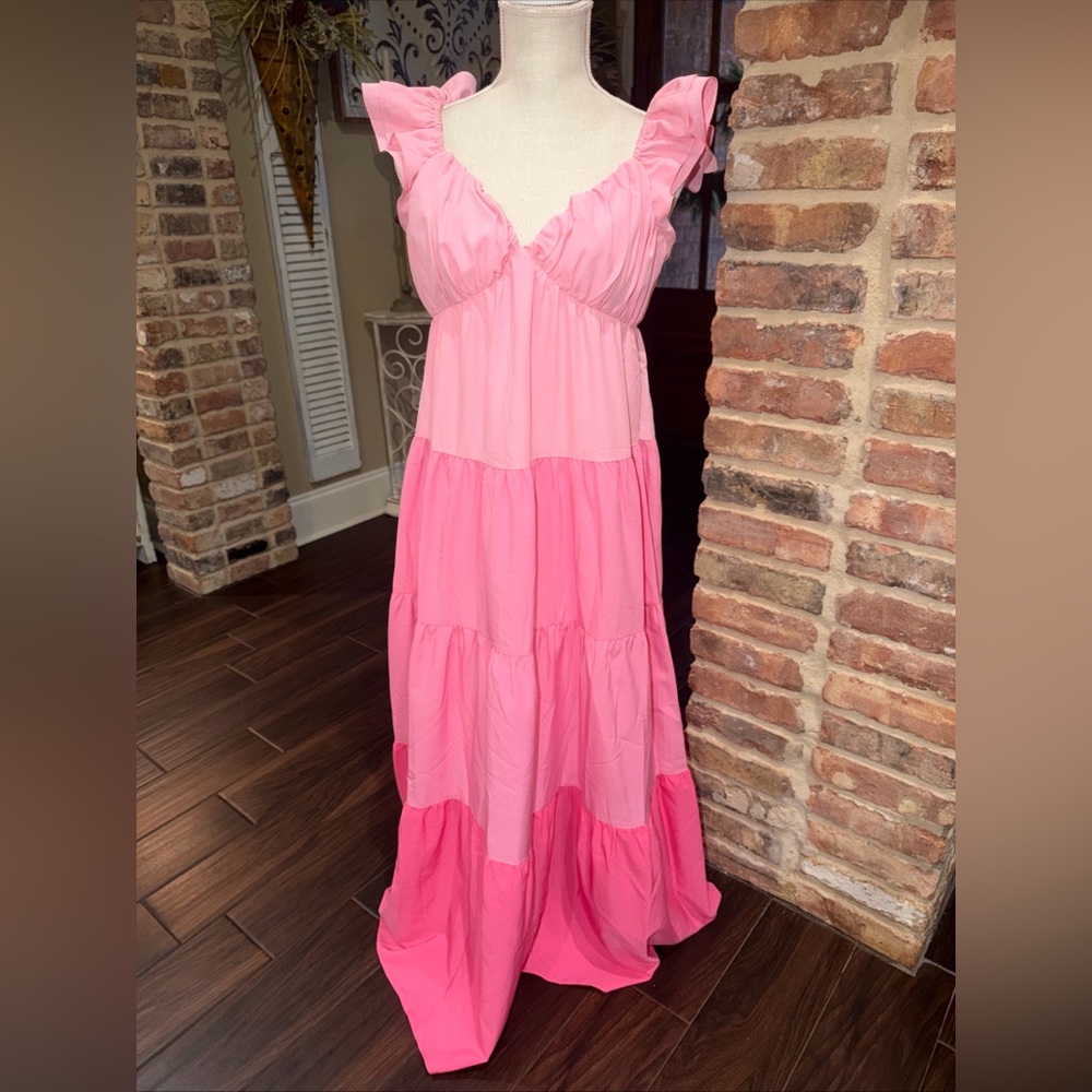 English Factory Maxi Dress Small Pink V-Neck Sleeveless Tiered Barbie Preppy